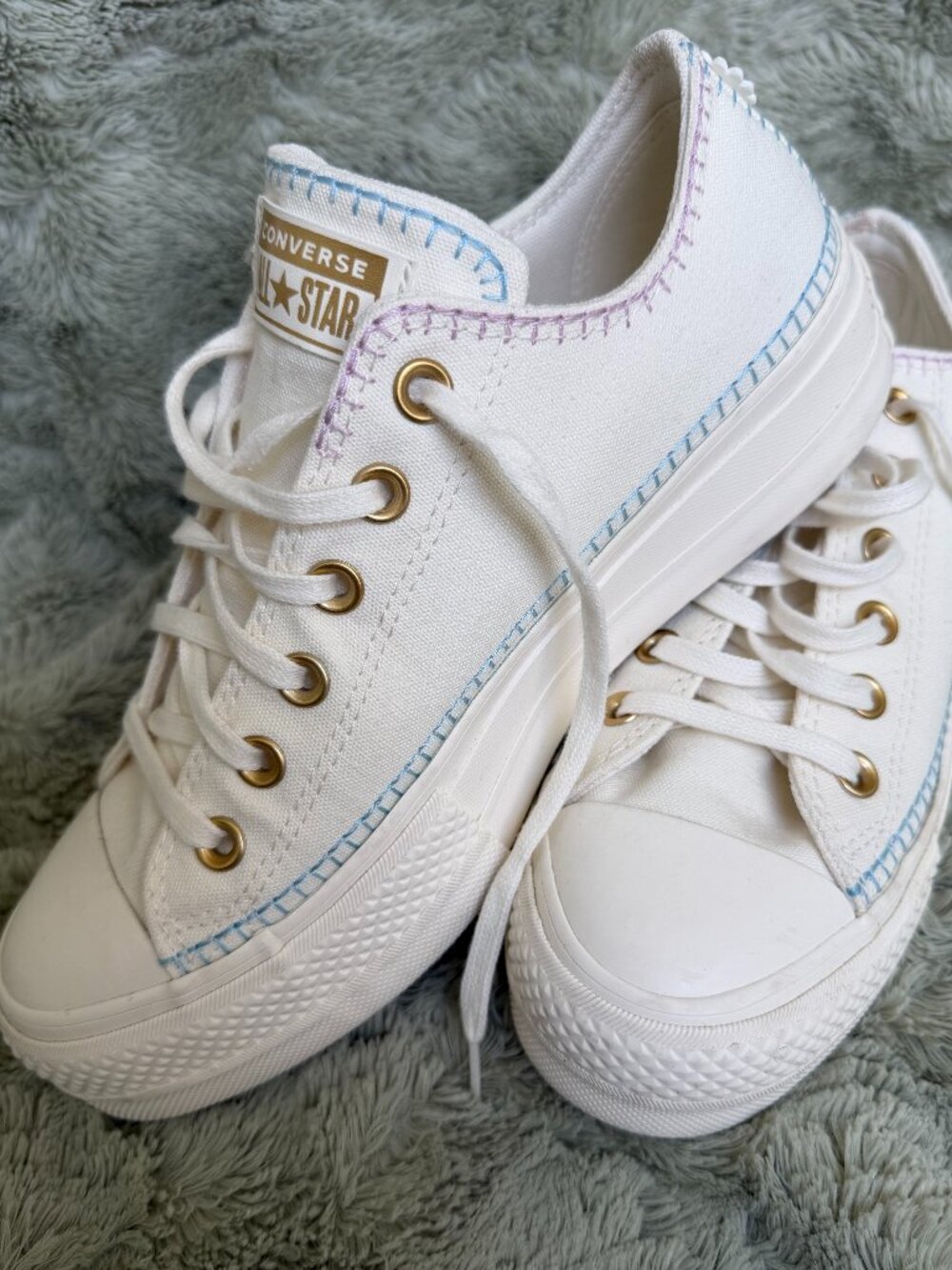 Converse All Star Embroidered Platform Sneakers White & Pastel | Women's 8